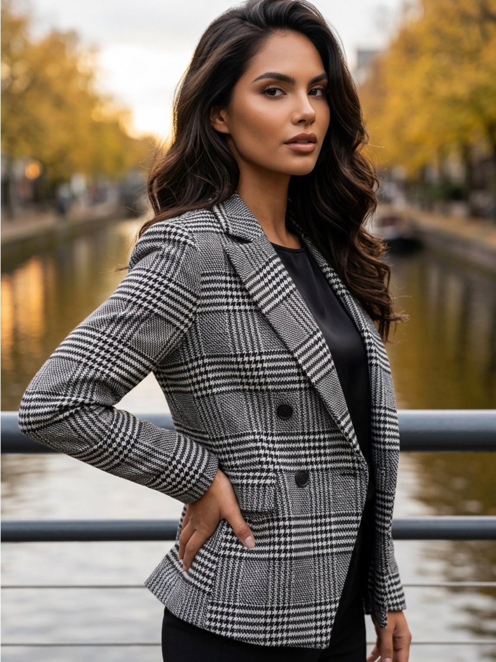 7 For All Mankind Black & White Glen Plaid Double-Breasted Blazer